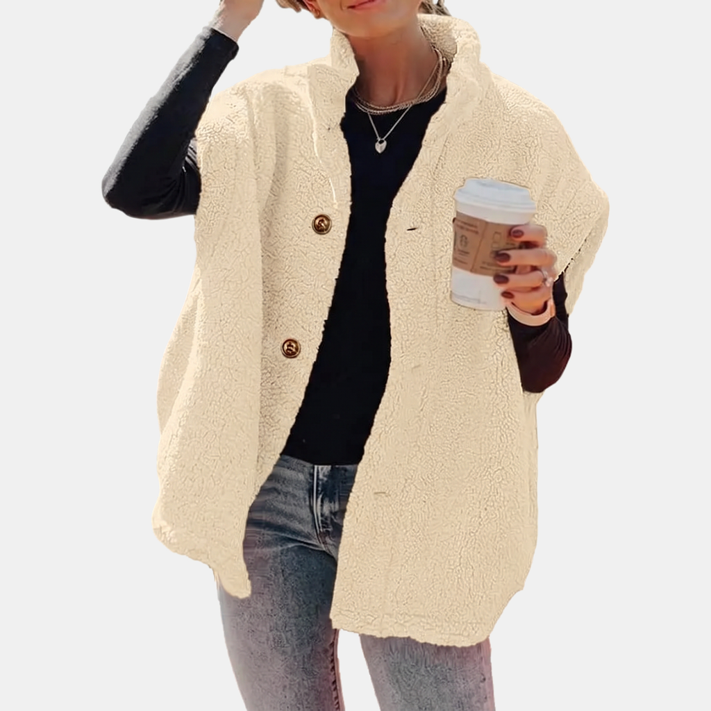 Women's Sherpa Fleece Button Front Gilet Stand Collar - Beige