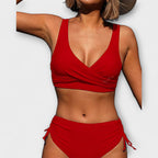 Wrap-Front Two-Piece Bikini Set with Ruched Waist - Red