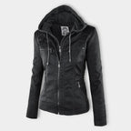 Women's Hooded Zip-Up Jacket with Faux Leather Finish - 5