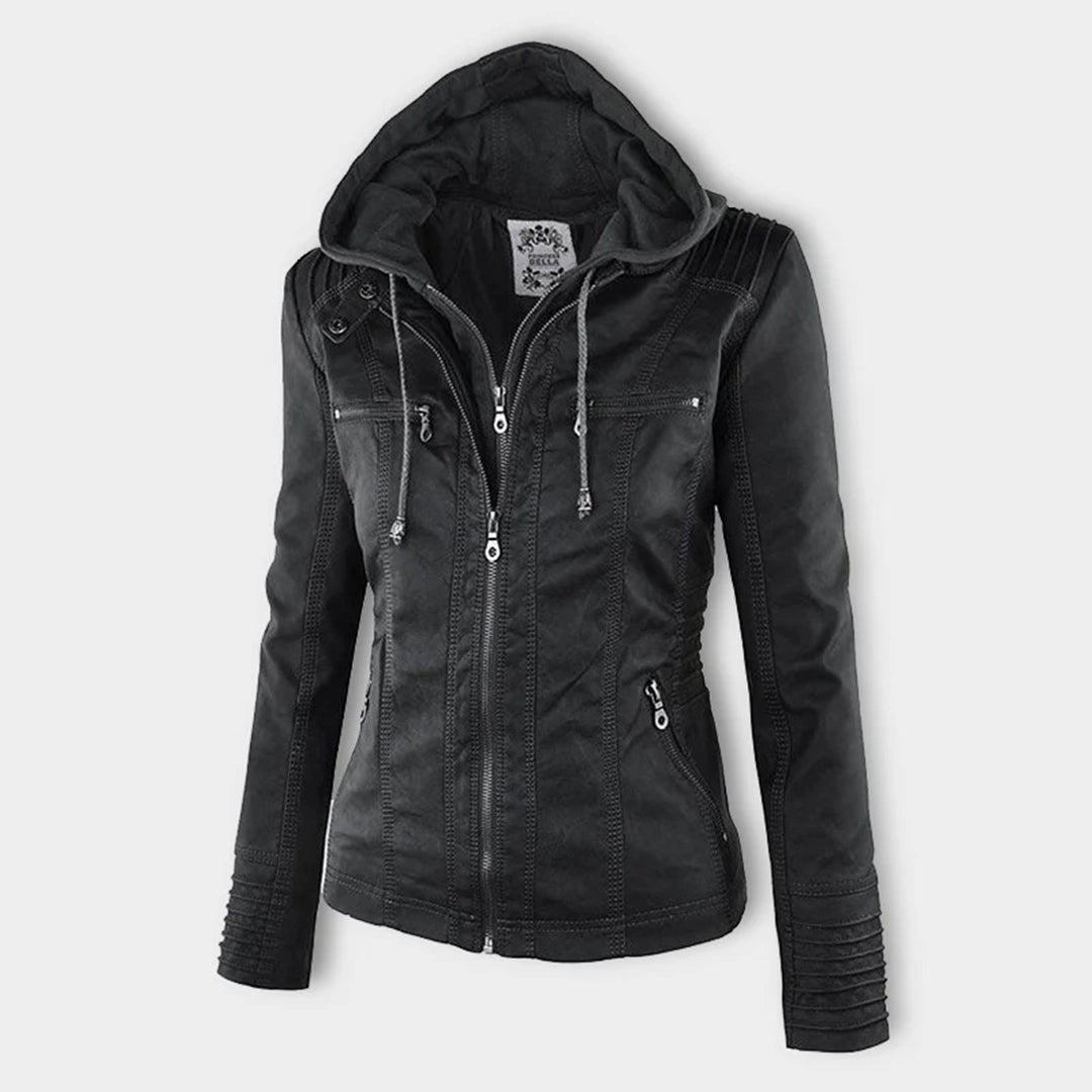 Women's Hooded Zip-Up Jacket with Faux Leather Finish - 5
