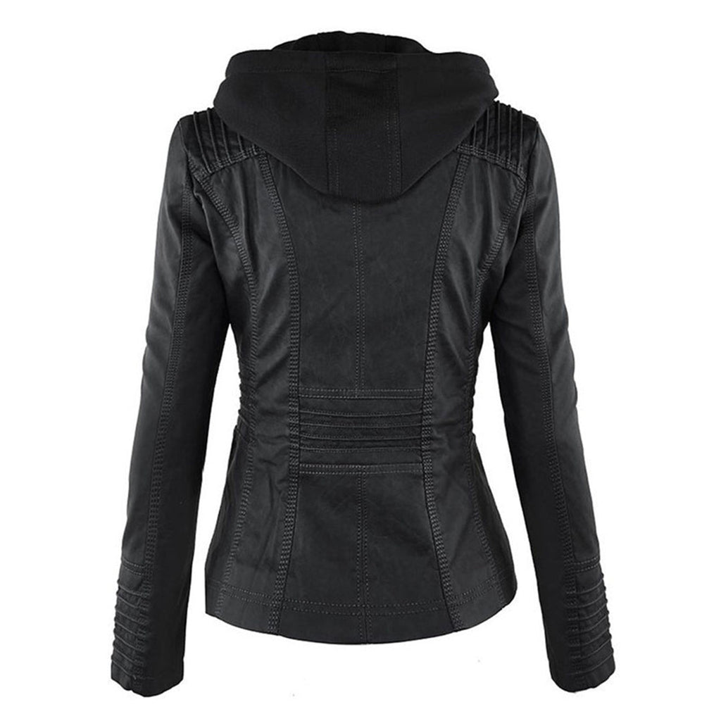 Women's Hooded Zip-Up Jacket with Faux Leather Finish - 6
