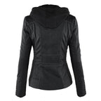 Women's Hooded Zip-Up Jacket with Faux Leather Finish - 6
