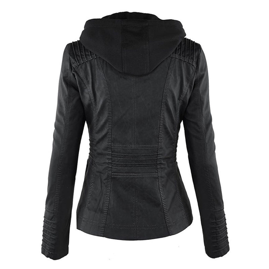 Women's Hooded Zip-Up Jacket with Faux Leather Finish - 6