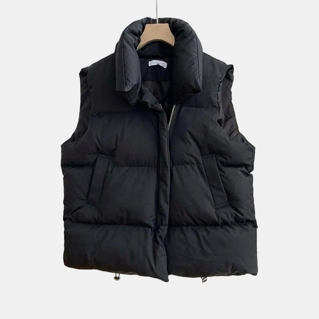 Women's Quilted Puffer Gilet Sleeveless Stand Collar Gilet - Black