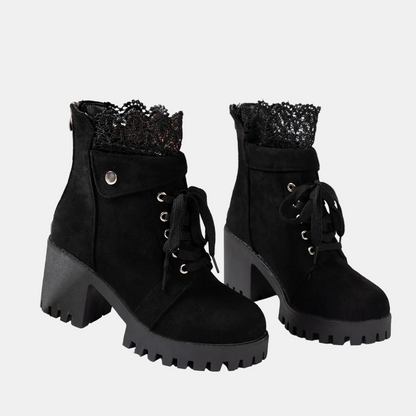 Women's Lace Up Ankle Boots with Decorative Lace Trim and Block Heel - Black