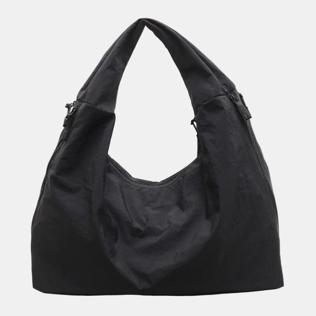 Women's Slouchy Hobo Shoulder Bag with Triple Zip Pockets - Black