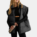 Women's Puffer Gilet Oversized Quilted Sleeveless Stand Collar with Pockets - Black