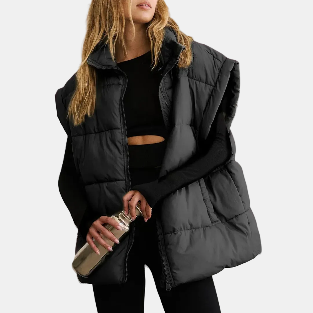 Women's Puffer Gilet Oversized Quilted Sleeveless Stand Collar with Pockets - Black