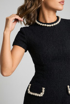 Women's Mini Dress Short Sleeve with Pearl Trim and Round Neck - 4