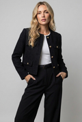 Women's Cropped Blazer Jacket with Round Neck and Textured Finish - Black