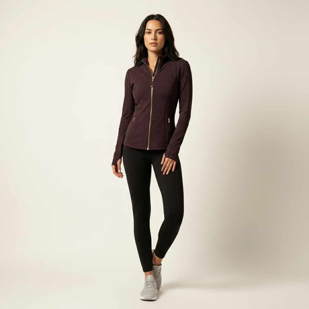Women's Sports Jacket Long Sleeve with Full Zip and Stand Collar - Brown Umber
