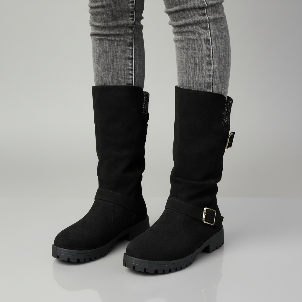 Women's Ankle Boots with Knit Cuff and Buckle Detail - Black