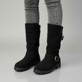 Women's Ankle Boots with Knit Cuff and Buckle Detail - Black