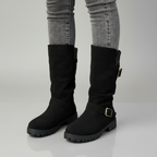 Women's Ankle Boots with Knit Cuff and Buckle Detail - Black