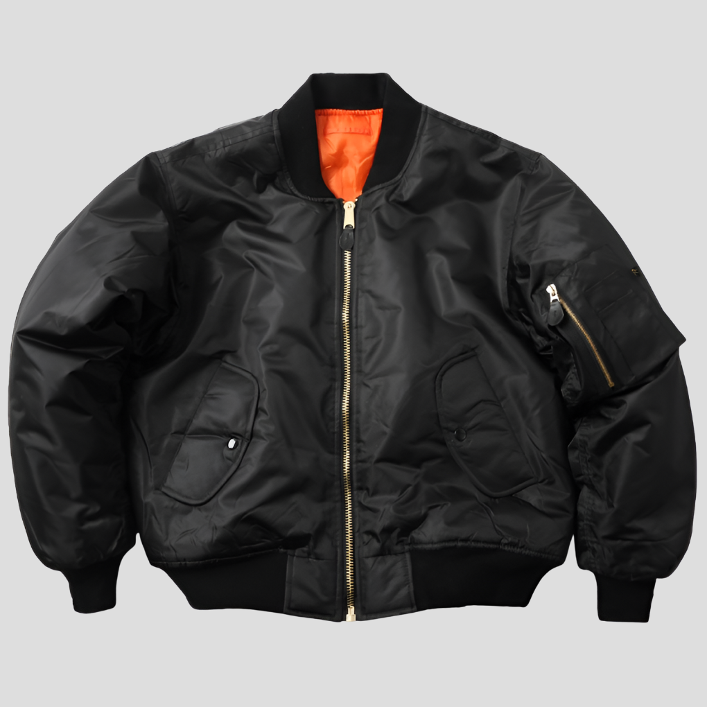 Unisex Bomber Jacket with Ribbed Trims and Zip Front - Black
