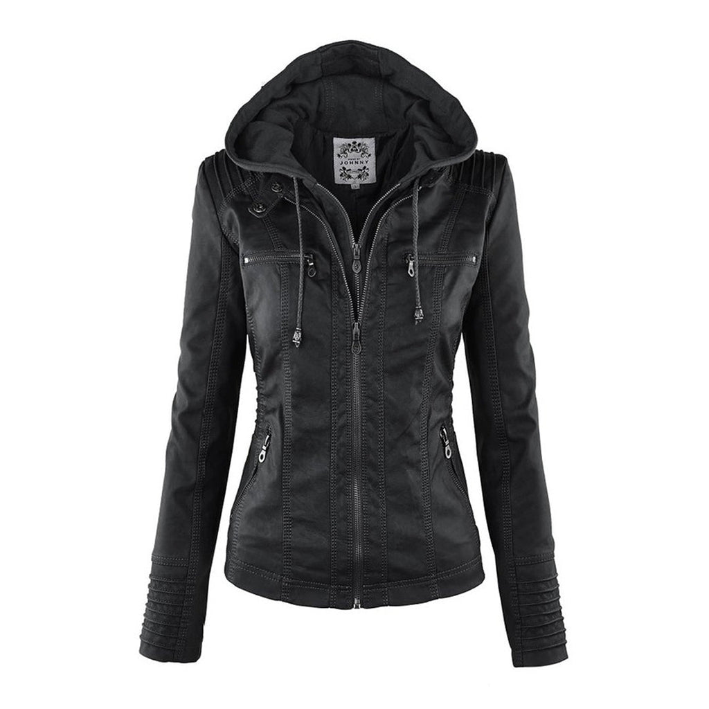 Women's Hooded Zip-Up Jacket with Faux Leather Finish - Black