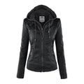Women's Hooded Zip-Up Jacket with Faux Leather Finish - Black
