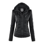 Women's Hooded Zip-Up Jacket with Faux Leather Finish - Black