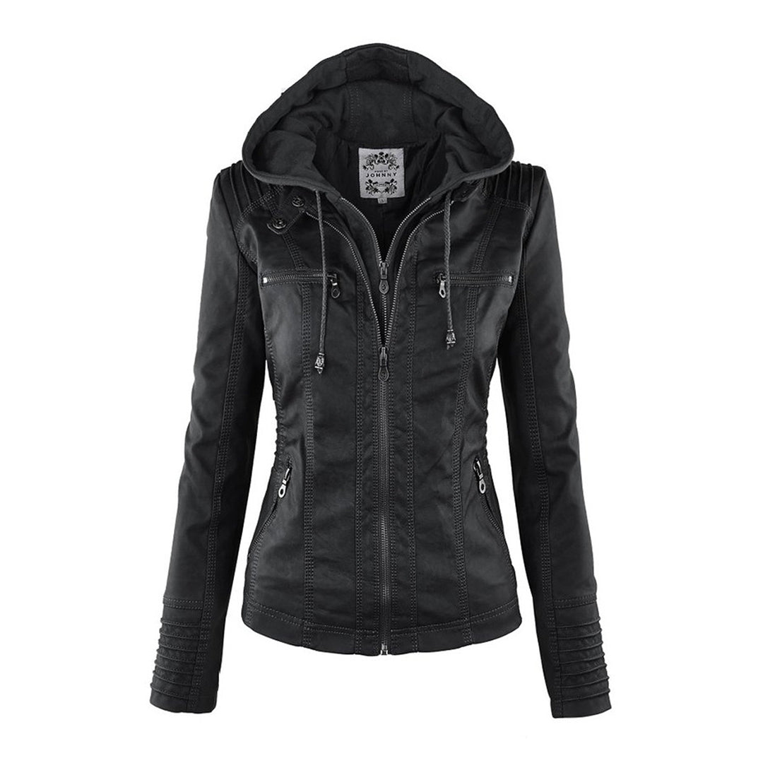 Women's Hooded Zip-Up Jacket with Faux Leather Finish - Black