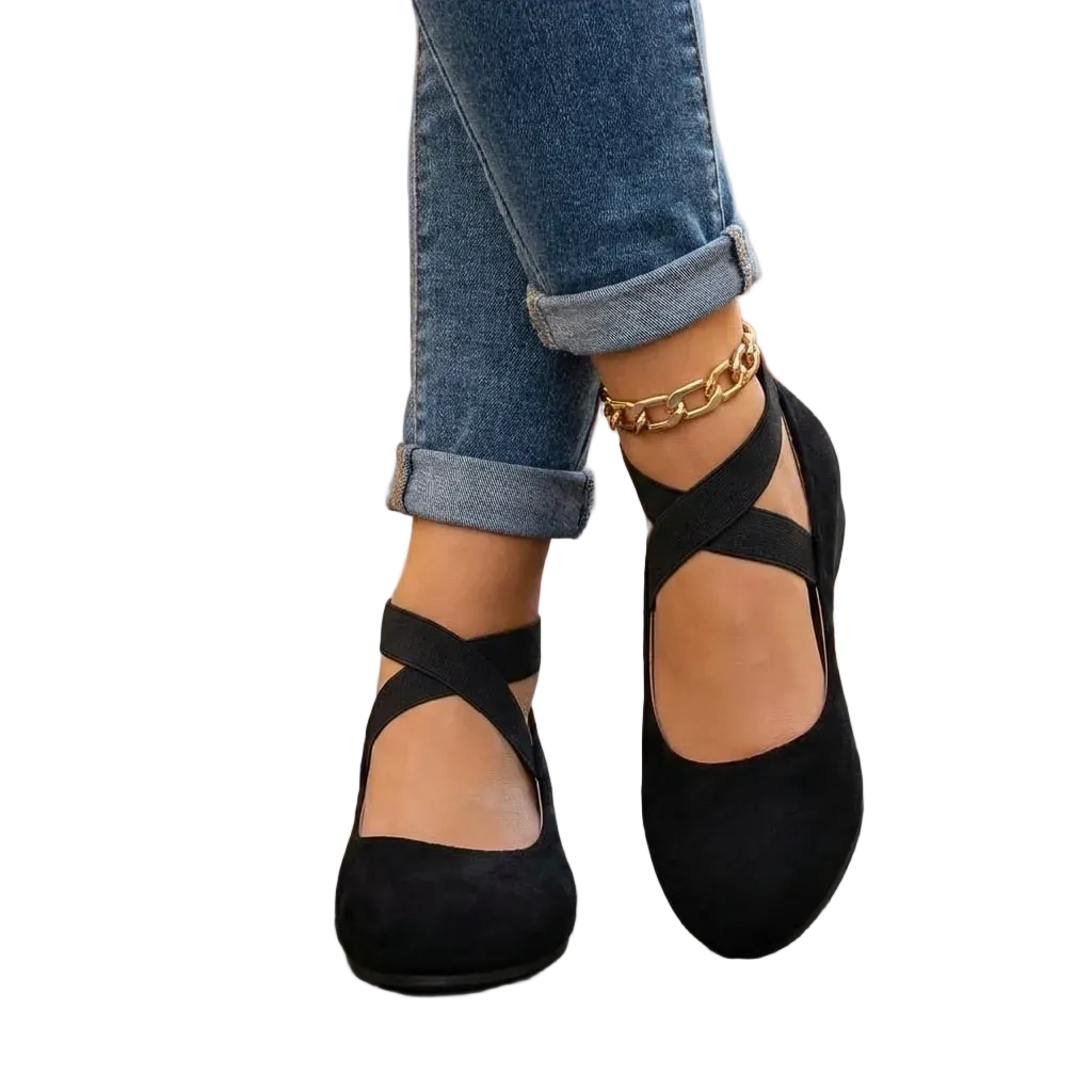 Women's Wedge Sandals with Crossover Elastic Straps and Closed Toe - Black