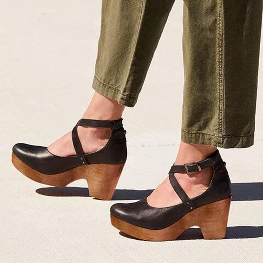 Women's Closed-Toe Wedge Heels with Crossover Ankle Strap - Black