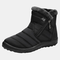 Women's Quilted Faux Fur Cuff Ankle Snow Boots with Side Zip - Black