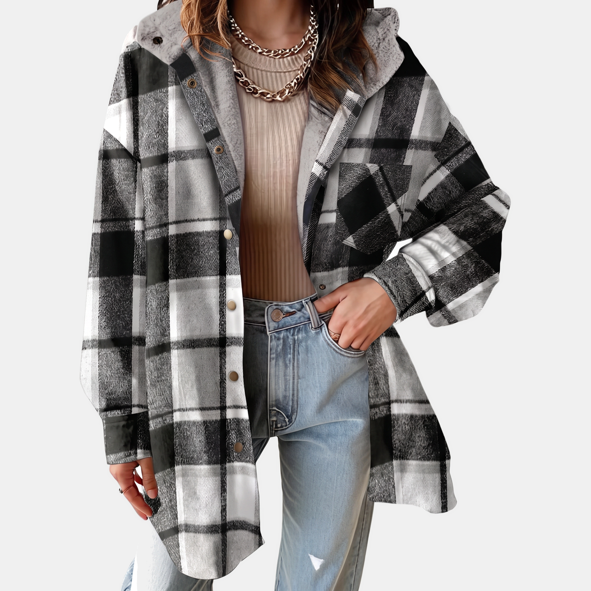 Women's Flannel Hooded Check Shacket Fleece Lined Coat - Black