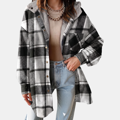 Women's Flannel Hooded Check Shacket Fleece Lined Coat - Black