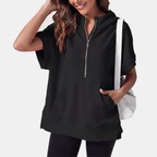 Women's Oversized Half Zip Hoodie with Short Sleeves - Black
