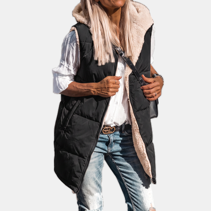 Women's Reversible Puffer Gilet Sherpa Lined Hooded Sleeveless Coat - Black