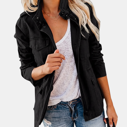 Women's Utility Cargo Jacket with Multi Pocket Drawstring Waist - Black