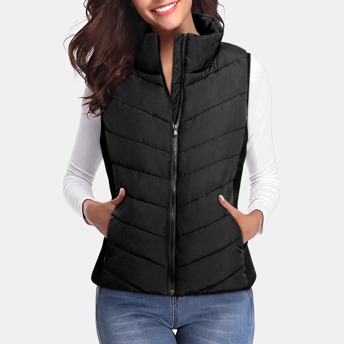 Women's Quilted Puffer Gilet Stand Collar Zip Up Sleeveless Gilet - Black