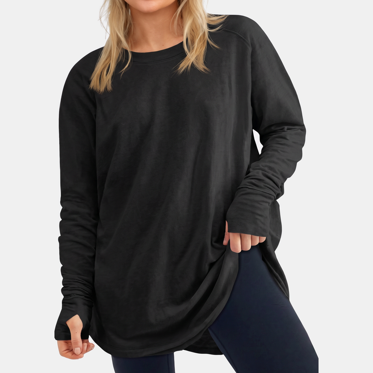 Women's Crewneck Thumb Hole Oversized Tunic Top - Black