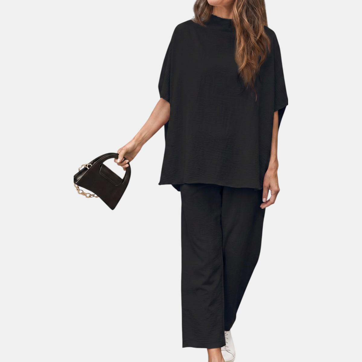 Women's Mock Neck Lounge Set Wide Leg Cropped Trousers - Black