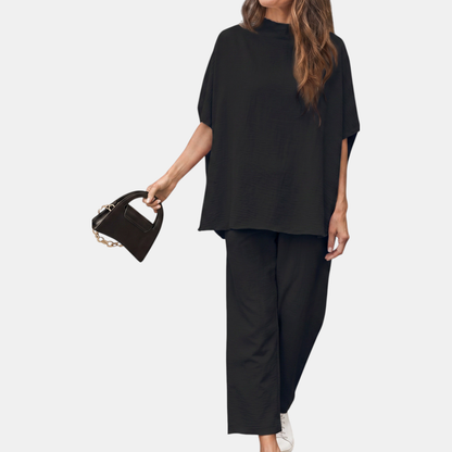 Women's Mock Neck Lounge Set Wide Leg Cropped Trousers - Black