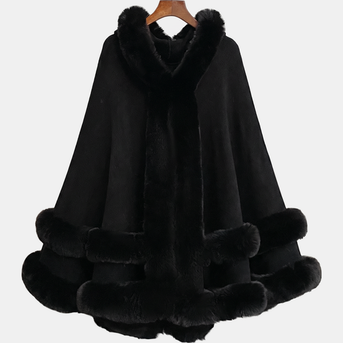 Women's Faux Fur Trim Hooded Knit Cape Coat - Black