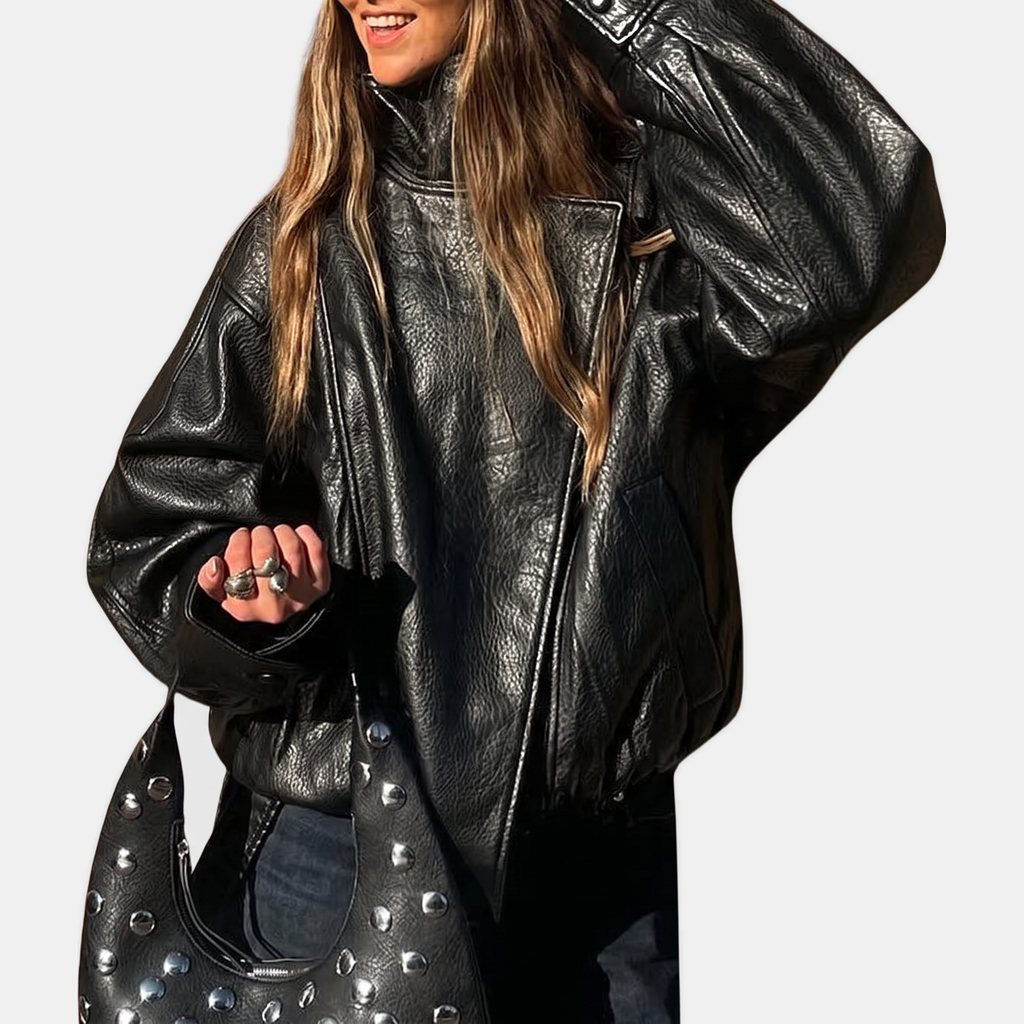 Women's Pebbled Faux Leather Bomber Jacket Oversized Stand Collar - Black