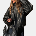Women's Pebbled Faux Leather Bomber Jacket Oversized Stand Collar - Black