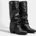 Women's Knee High Slouchy Ruched faux leather Boots - Black