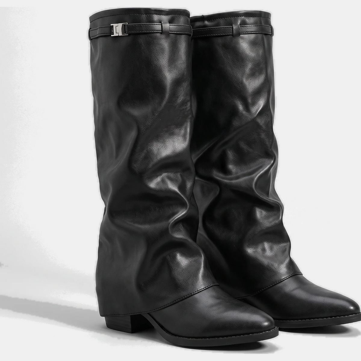Women's Knee High Slouchy Ruched faux leather Boots - Black