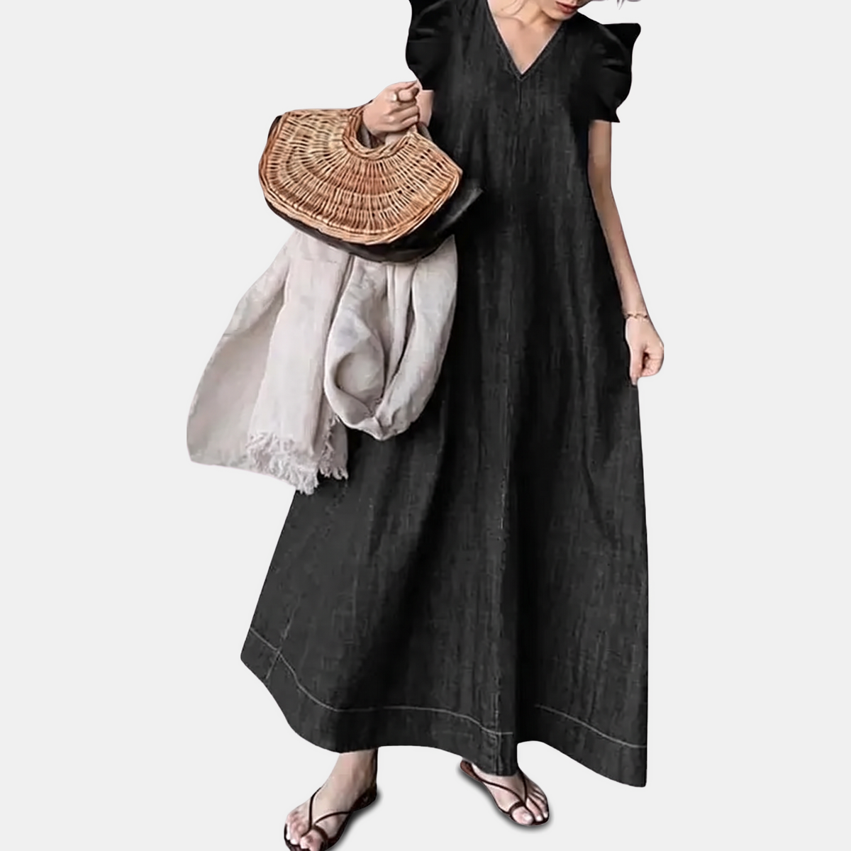 Women's Denim Flutter Sleeve V-Neck Maxi Dress - Black