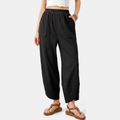 Women's Wide Leg Ribbed Knit Cropped Trousers with Patch Pockets - Black