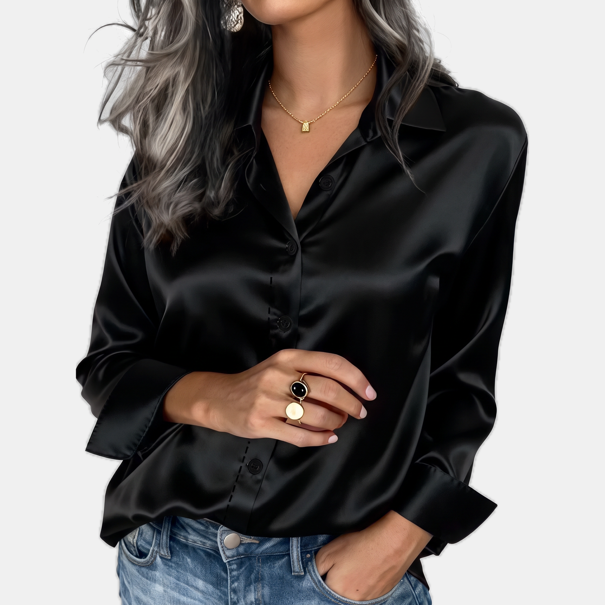Women's Satin Button Front Long Sleeve Blouse - Black