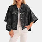 Women's Batwing Sleeve Cropped Denim Jacket Oversized Cape - Black