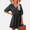 Women's Puff Sleeve Empire Waist V-Neck Mini Dress - Black