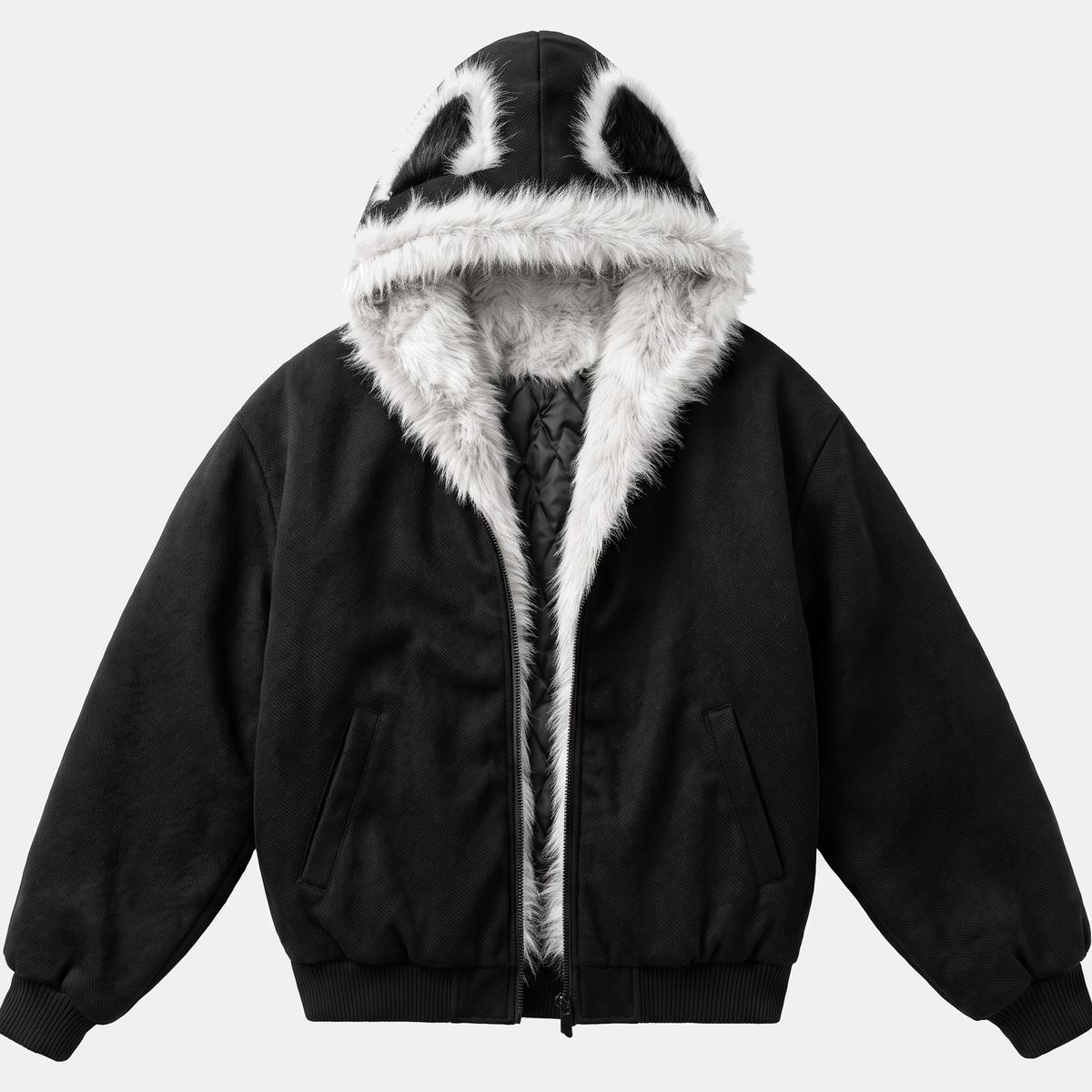 Women's Faux Fur Lined Bomber Jacket with Cat Ear Hood - Black