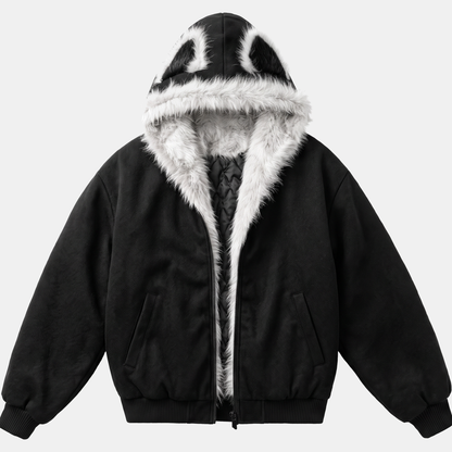 Women's Faux Fur Lined Bomber Jacket with Cat Ear Hood - Black
