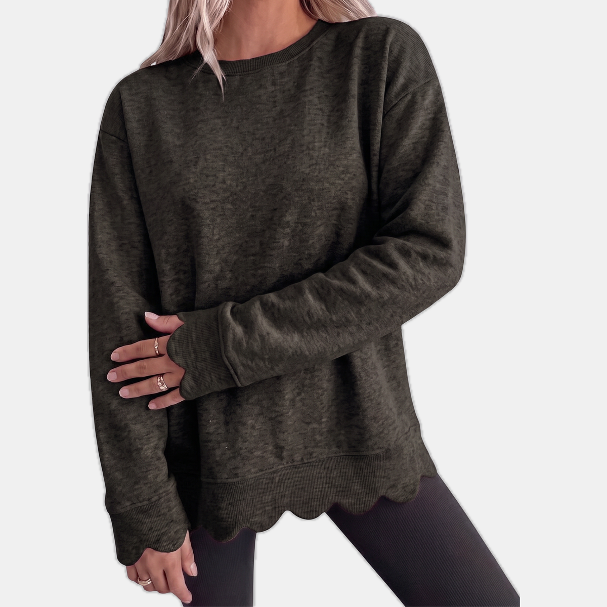 Women's Scallop Hem Crewneck Oversized Sweatshirt - Black