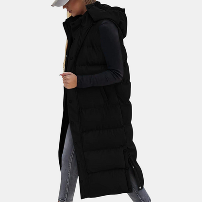 Women's Puffer Gilet Quilted Hooded Maxi Length Button Down - Black