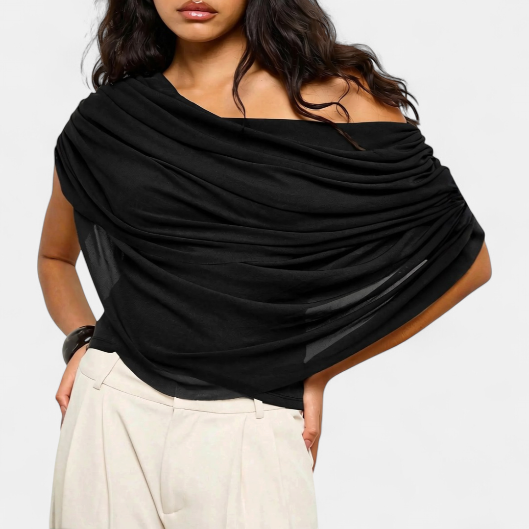 Women's Sultry Cape-Style Ruched Blouse - Black